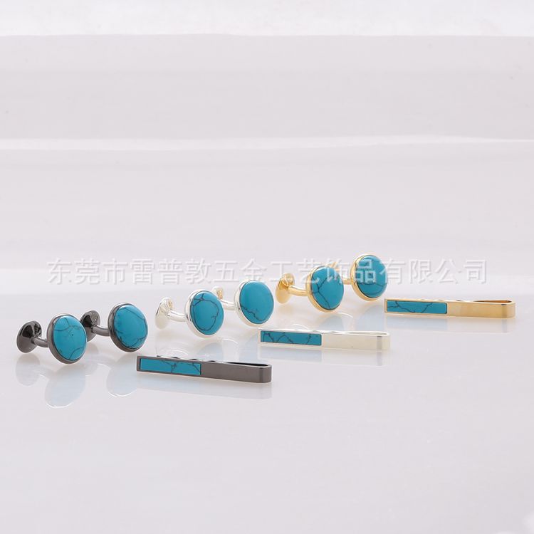 [Cufflinks Factory] High Quality Turquoise Cufflinks Tie Clip Set Men Business Cufflinks Tie Clip
