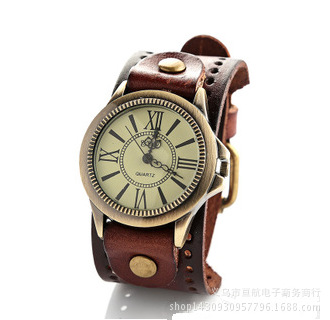 Cross-border Foreign Trade Explosion Fashion Trend Men's Leather Watch Bronze Roman Scale Quartz Watch Factory Wholesale