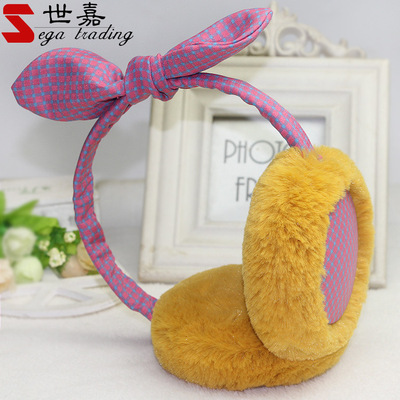 Earmuff winter Korean Edition fresh lattice bow Rabbit Ears Plush Ears winter keep warm Ear package