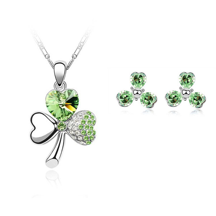 Wholesale Fashion Crystal Jewelry Peach Heart Clover Earring Necklace Set display picture 2