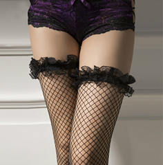 Erotic lingerie set with 3D lace trim, sexy mesh stockings, and high-rise fishnet stockings—compatible with suspender-style garters. Direct shipping available.