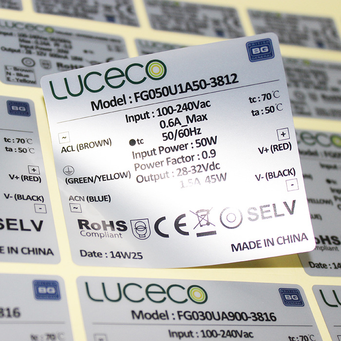 供应亚银不干胶印刷、进口厚亚银商标、防水PET哑银标签定 做