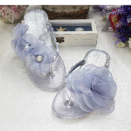 韩国设计立体纱花朵度假水晶拖鞋 AB款软底平跟人字拖 唯美 飘逸