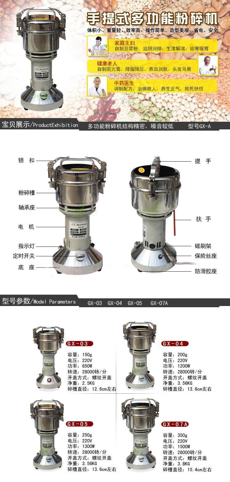 高鑫厂家150克佰谷香不锈钢家用中药粉碎机手提式超细打粉机家用