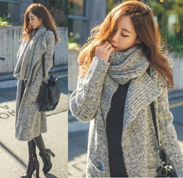 Suéter de Punto Coreano Dongdaemun Otoño/Invierno 2026, Compra Exclusiva, Cárdigan Extra Largo y Grueso con Diseño de Bufanda para Mujer