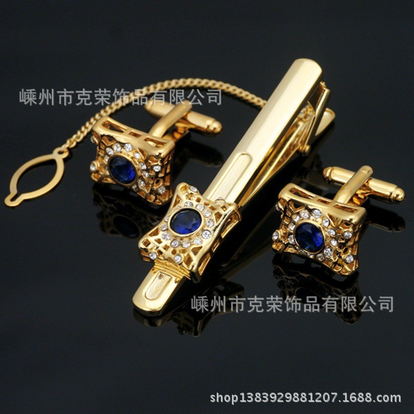 男士金色鑲鑽領帶夾金屬袖扣2件套送黑色輕奢禮盒