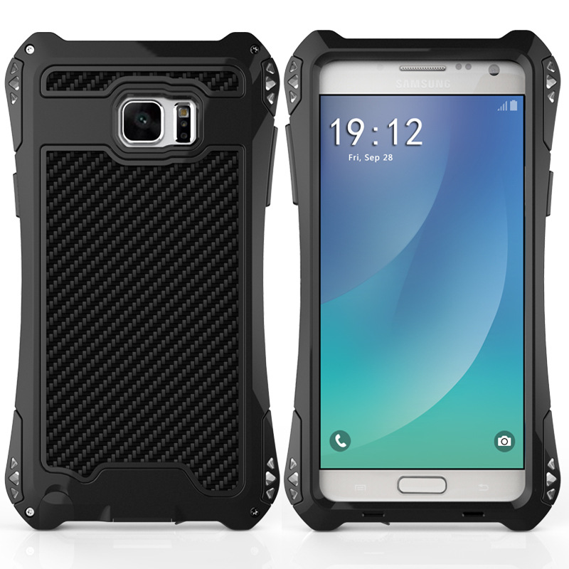 R-Just Amira Heavy Duty Dirtproof Shockproof Rainproof Aluminum Metal Bumper Carbon Fiber Back Cover Case for Samsung Galaxy Note FE / Note 7 N9300