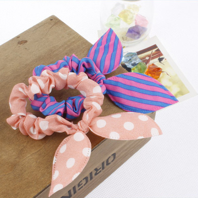 韩版兔耳朵发圈发绳双色条纹波点布艺扎头发新品发饰