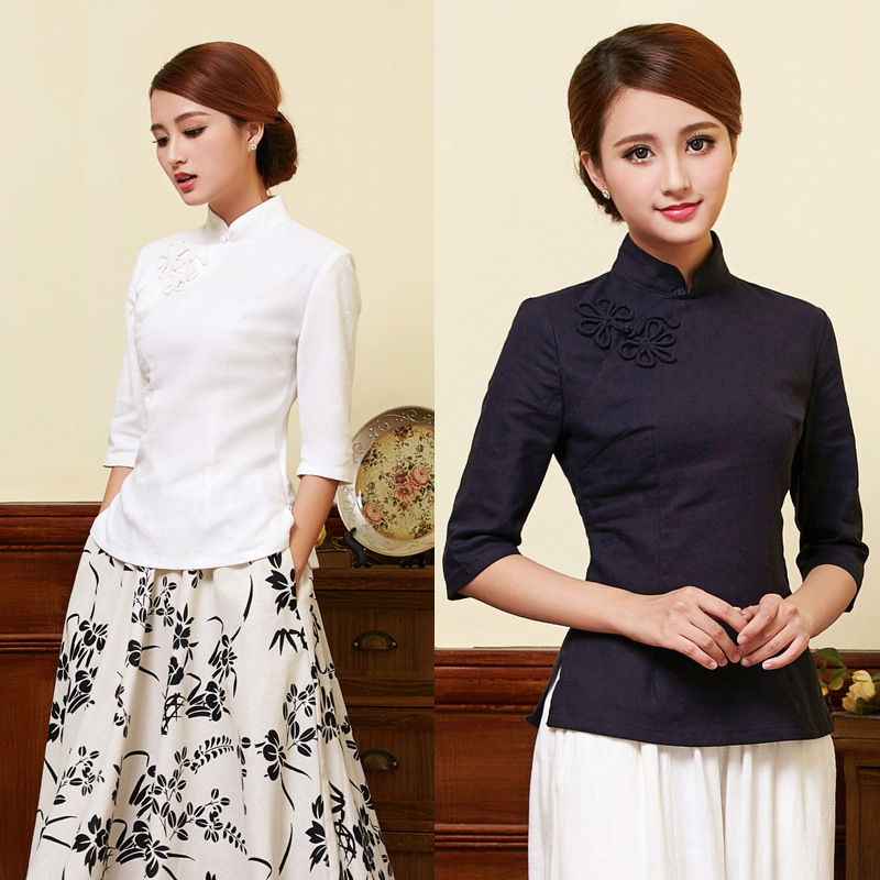 Factory wholesale nostalgic cotton linen linen handmade plate Flower button seven sleeve sleeve cheongsam top 1089