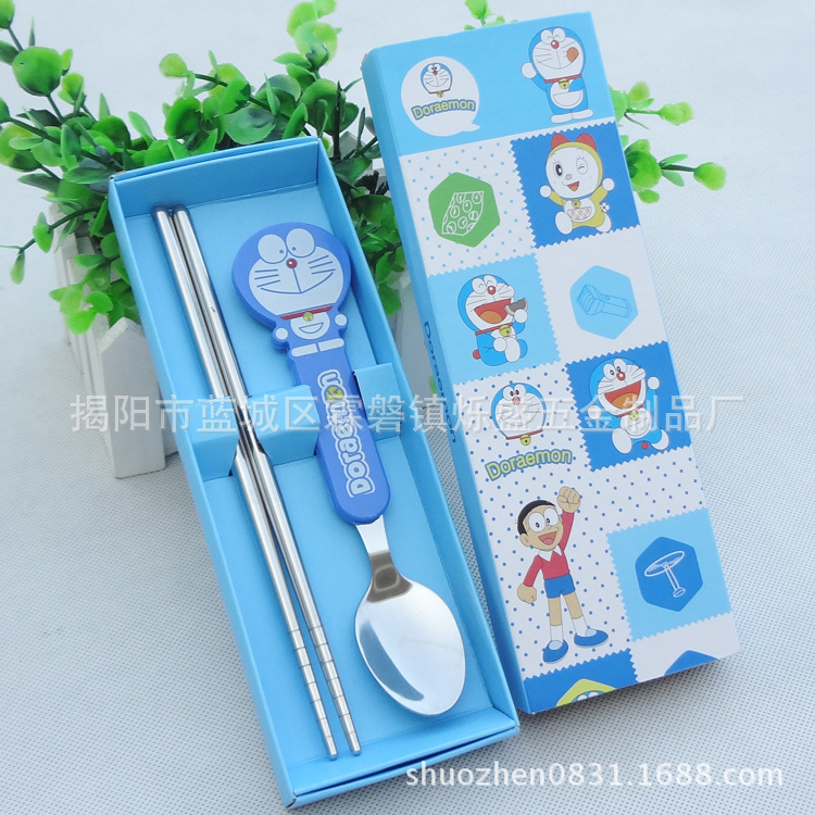 儿童卡通不锈钢餐具 叮当猫塑料柄餐具2件套 勺筷餐具套装|ms