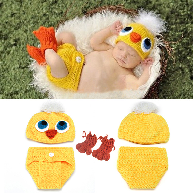 儿童婴儿摄影套装小黄鸭针织帽子摄影道具小鸡毛线编织拍照衣服