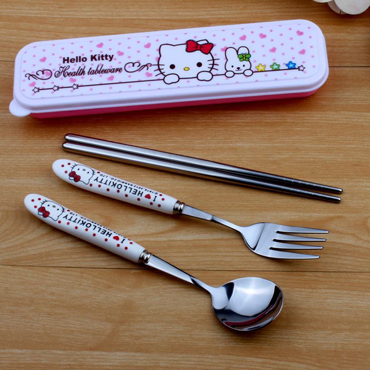 叮当猫便携餐具 Hello kitty轻松熊不锈钢叉勺 筷子 三件套 批发