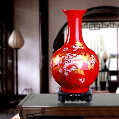 景德镇瓷器仿古中国红牡丹花瓶摆件现代简约客厅装饰工艺品|ru