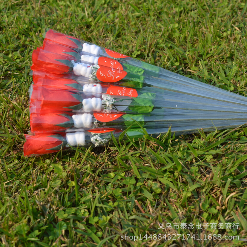 情人節熱銷單支仿真紅玫瑰花卡通小熊心形絹花節慶婚慶用品禮品