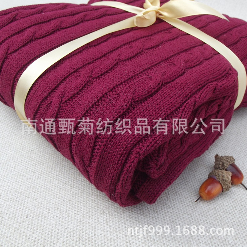 MUJI酒红色全棉麻花针织毛线毯 空调被沙发盖毯 婴儿棉线毯|ru