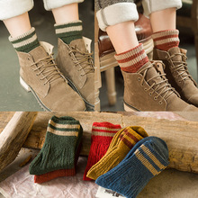 新款 秋冬加厚羊毛袜 翻边二条杠女堆堆袜袜子批发