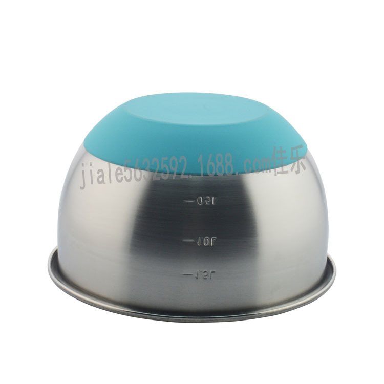 欧式加深加厚不锈钢碗沙拉盆 带刻度搅拌碗色拉盆 彩色硅胶底