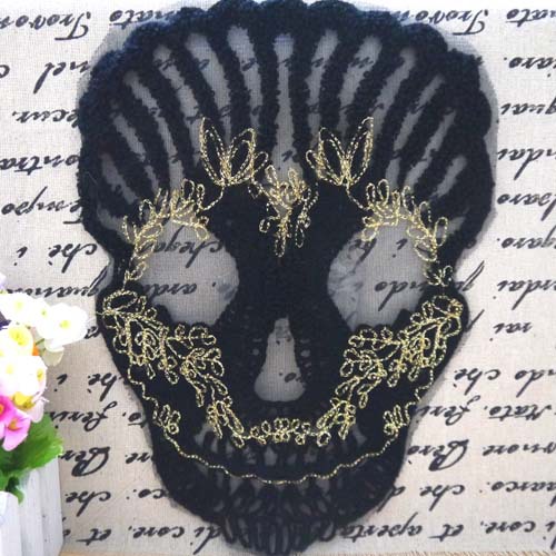 服装DIY辅料布贴章仔花边图案毛巾绣金丝黑色骷髅头批发 工厂直销