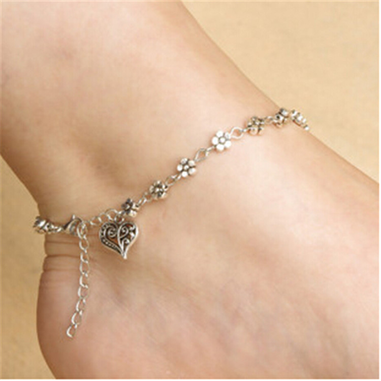 Vintage Silver Tibetan Silver Hollow Plum Flower Foot Ornament Peach Heart Anklet Bracelet Wholesale