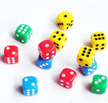 Red, yellow, blue and green dice, rounded digital dice, colored sieves, game accessories, board game props