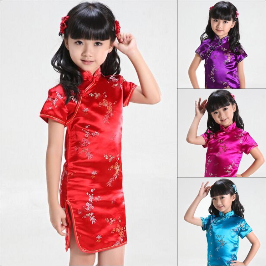 Children's Tang suit summer dress Girls' costume Chinese plum and bamboo cheongsam red dress