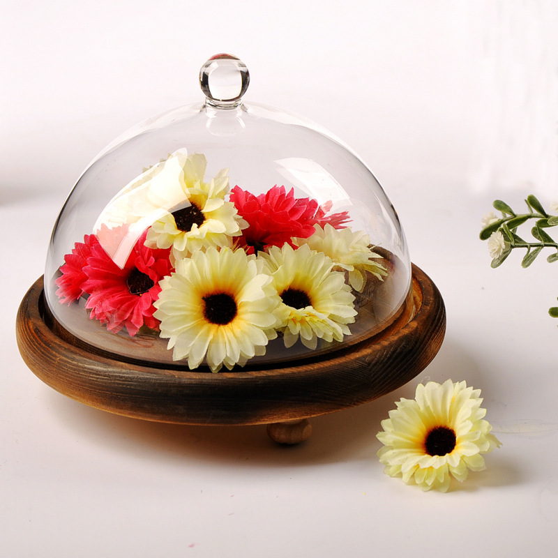 Mxmade hermosa cubierta de paisaje de vidrio cubierta de vidrio de la torta vintage base de madera micro paisaje florero regalo