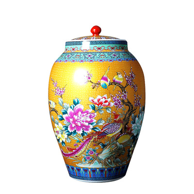 景德镇陶瓷米缸米桶带盖 50斤储米桶25kg 落地花瓶|ru