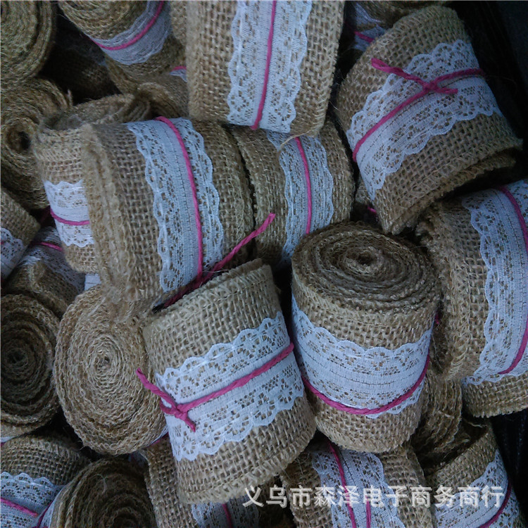 5cm蕾丝麻布卷 圣诞工艺婚礼装饰麻布带黄麻卷圣诞丝带