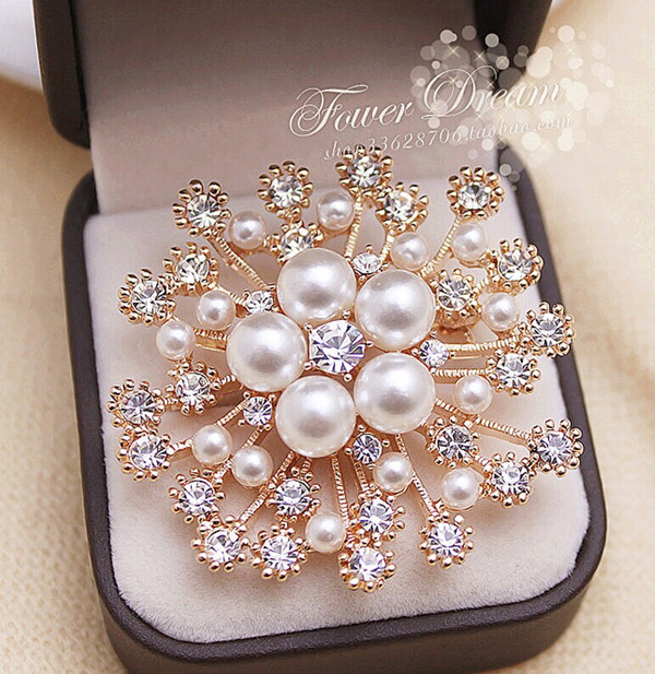 Korean Pearl Snowflake Brooch Flower Rhi...