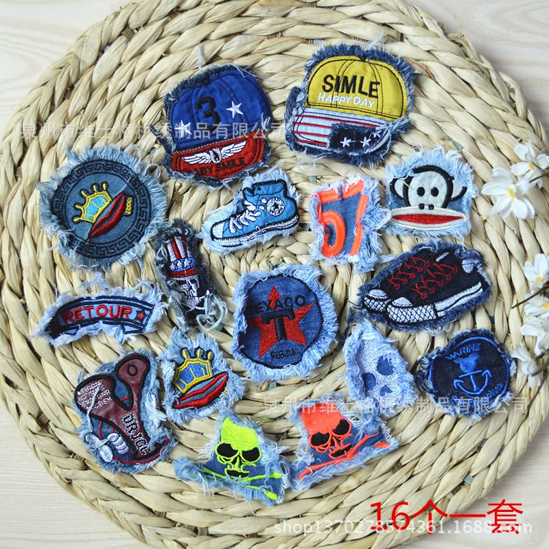 Universal dark light colored jeans, sticker, skull, badge, DIY