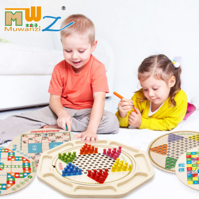 儿童益智玩具积木多功能十六合一跳棋飞行五子棋桌游木制玩具批发|ru