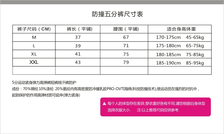 五分裤尺寸表