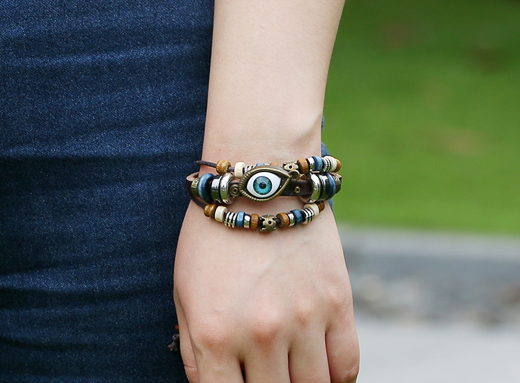 Men'S Gender Beaded Design Retro Style Retro Eye Pu Leather Beaded Resin Men'S Bracelets Men Cord & Leather Bracelets