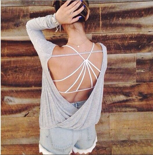 Plus Size Deep V Neck Long Sleeve Top Sexy Backless Design Available in Four Colors Wholesale Ready