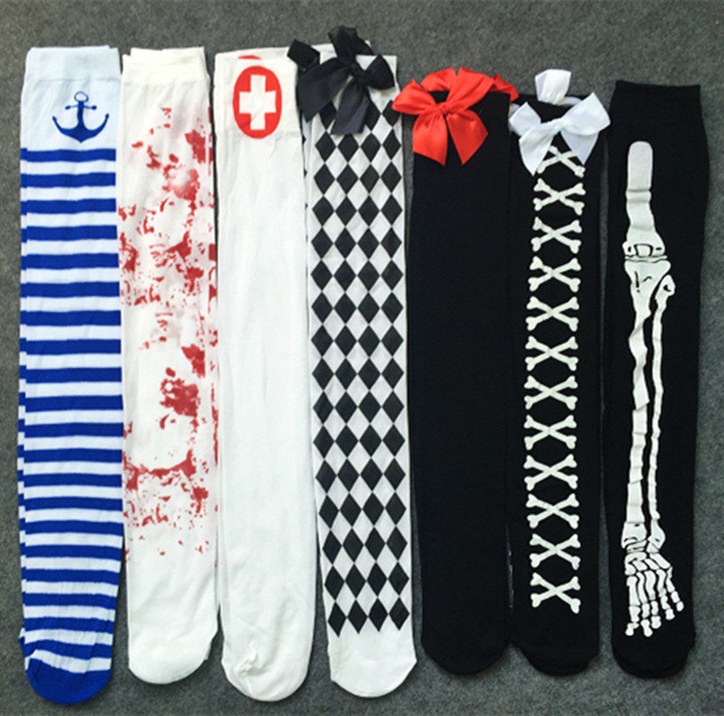 On *cosplay stripe Knee stockings Japanese printing Stockings colour thigh High Socks