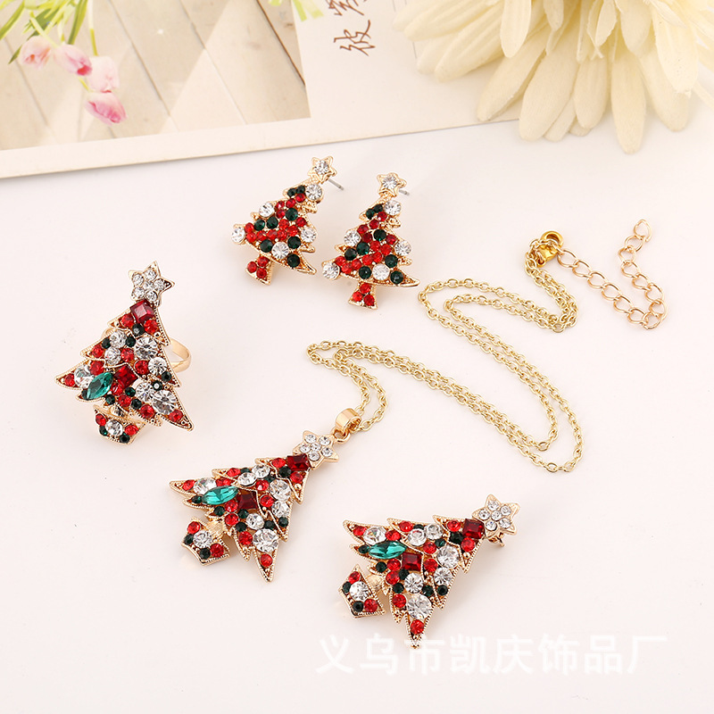 European And American Christmas Necklace Ring Earrings Crystal Christmas Tree Four-piece Set display picture 10