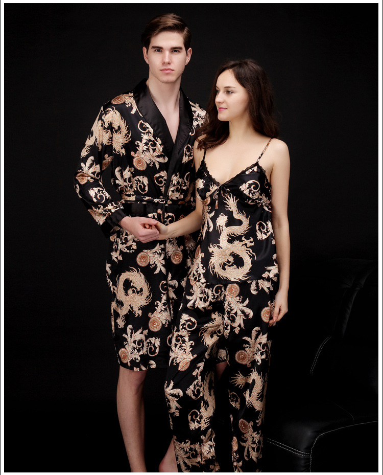 Yaoting Ice Silk Couple Pajamas Women's Summer Three-Piece Set Long Sleeve Men's Robe Bathrobe Loungewear_voghion.com