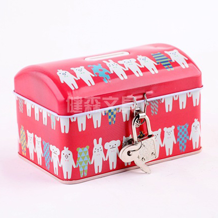 2023新品可爱卡通儿童储蓄盒 翻盖配锁糖果含片通用包装马口铁盒