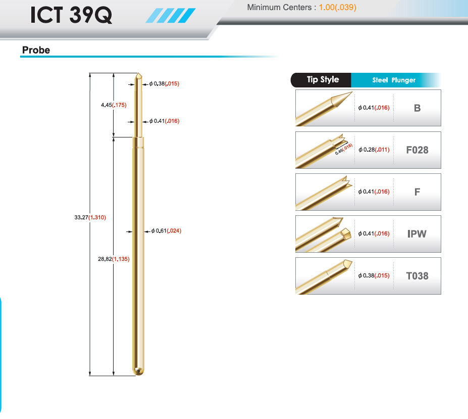 现货直供台湾大中ICT探针 ICT39Q-F测试探针进口39mil弹簧探针