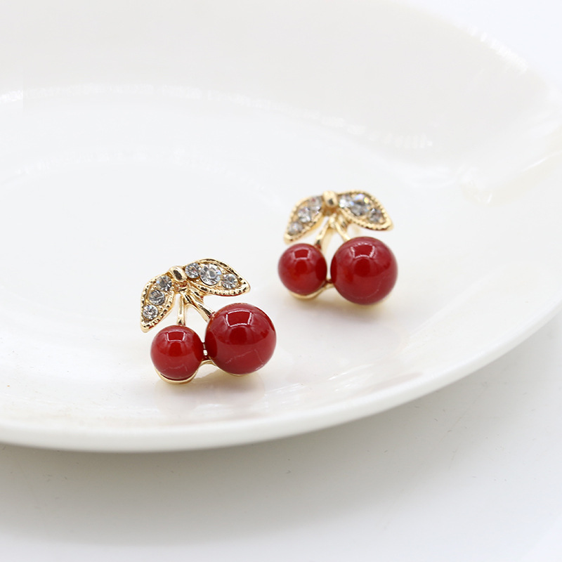 Cute Diamond Leaf Cherry Earrings display picture 3