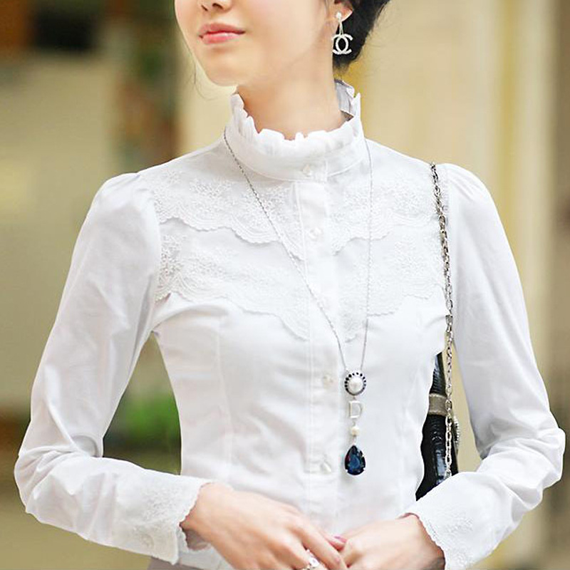 衬衫女秋冬新款加绒立领白色长袖打底衫 韩版职业纯棉衬衣批发
