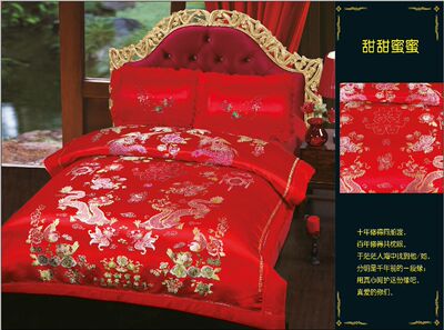 Manufactor Direct selling Hangzhou silk Wedding celebration Quilt cover Chinese style bright red Dragon Phoenix Mandarin Duck pure cotton Bedclothes