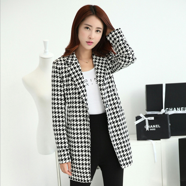 temperament jacket long slim thin Lapel Plaid thousand bird Plaid  