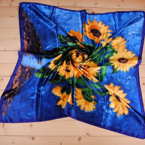 New spring and summer printed sunflower 90 satin large square scarf for women, silk scarf wholesale, fashionable and versatile triangle scarf