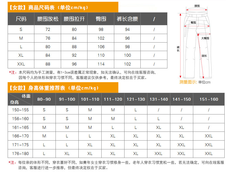 10女裤尺码表