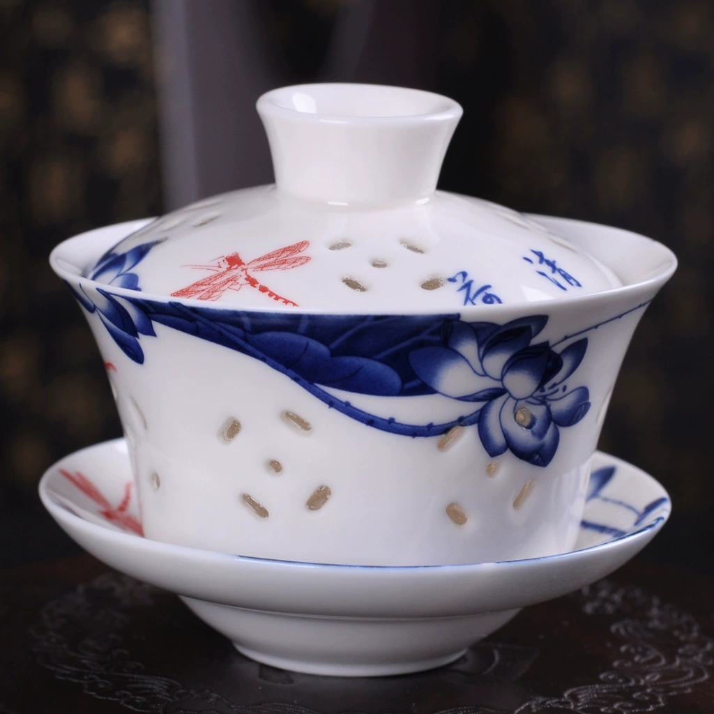 Синяя и белая Линглонг фарфорная крышка миска полая прозрачная керамическая трёхцветная чашка чайный набор оптом