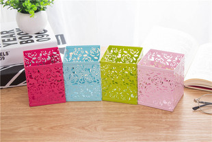 4 Color iron hollow pen holder, fashion grid pattern square pen holder, office storage bucket