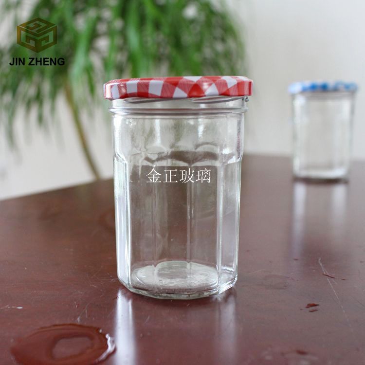 380ml条纹玻璃酱菜瓶 配套方格盖 密封果酱瓶 厂家批发 定制