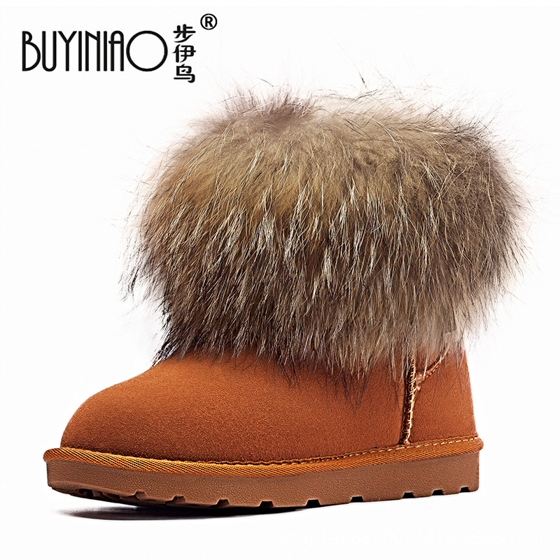 2021冬季新款狐狸毛雪地靴女牛皮短筒鞋保暖棉鞋休闲女鞋一件代发|ms