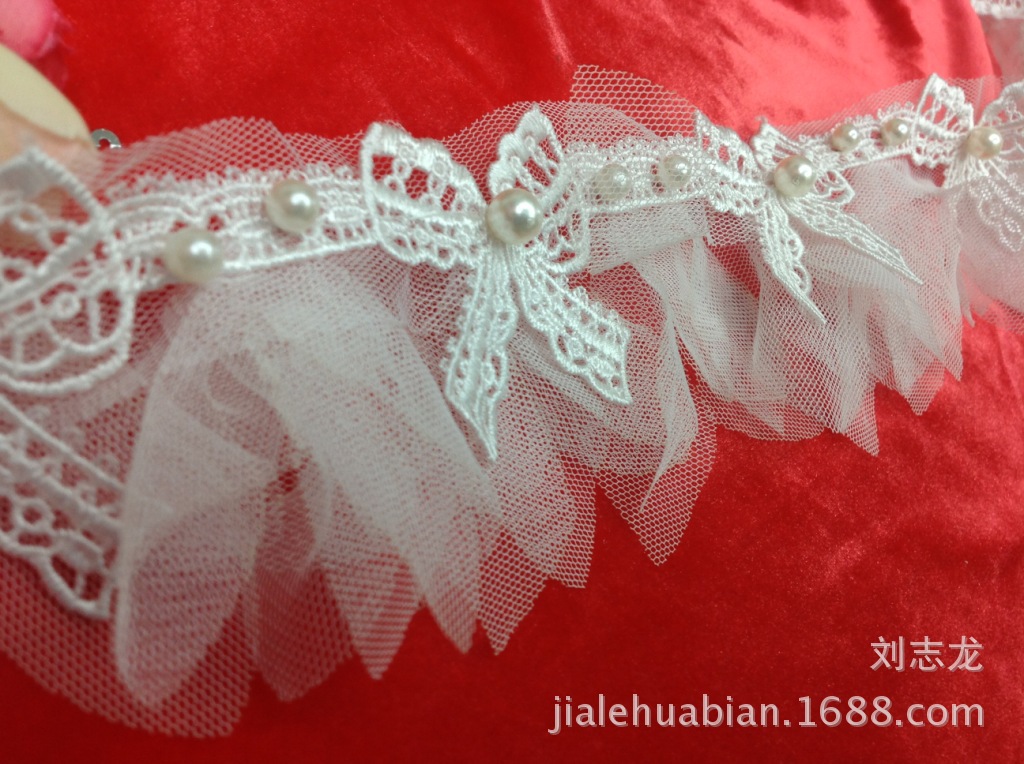 蝴蝶涤光条码 加密网布烧花 打折花边 平车合并加手工钉珠